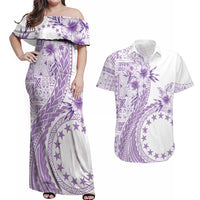 Kia Orana Cook Islands Couples Matching Off Shoulder Maxi Dress and Hawaiian Shirt Tiare and Stars - Lavender LT7 Lavender - Polynesian Pride
