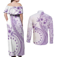 Kia Orana Cook Islands Couples Matching Off Shoulder Maxi Dress and Long Sleeve Button Shirt Tiare and Stars - Lavender LT7 - Polynesian Pride