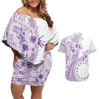 Kia Orana Cook Islands Couples Matching Off Shoulder Short Dress and Hawaiian Shirt Tiare and Stars - Lavender LT7 Lavender - Polynesian Pride