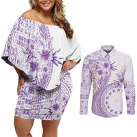 Kia Orana Cook Islands Couples Matching Off Shoulder Short Dress and Long Sleeve Button Shirt Tiare and Stars - Lavender LT7 Lavender - Polynesian Pride