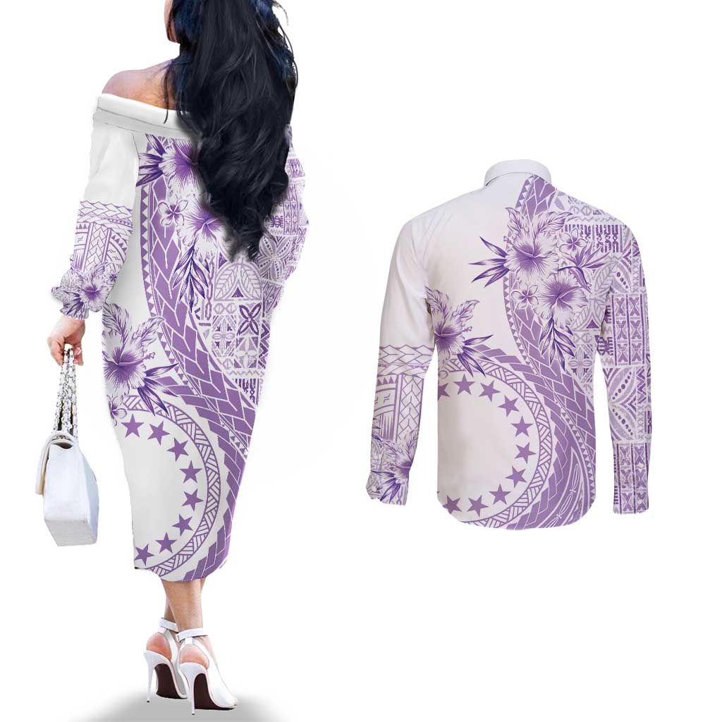 Kia Orana Cook Islands Couples Matching Off The Shoulder Long Sleeve Dress and Long Sleeve Button Shirt Tiare and Stars - Lavender LT7 - Polynesian Pride