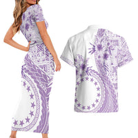 Kia Orana Cook Islands Couples Matching Short Sleeve Bodycon Dress and Hawaiian Shirt Tiare and Stars - Lavender LT7 - Polynesian Pride
