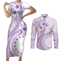 Kia Orana Cook Islands Couples Matching Short Sleeve Bodycon Dress and Long Sleeve Button Shirt Tiare and Stars - Lavender LT7 Lavender - Polynesian Pride