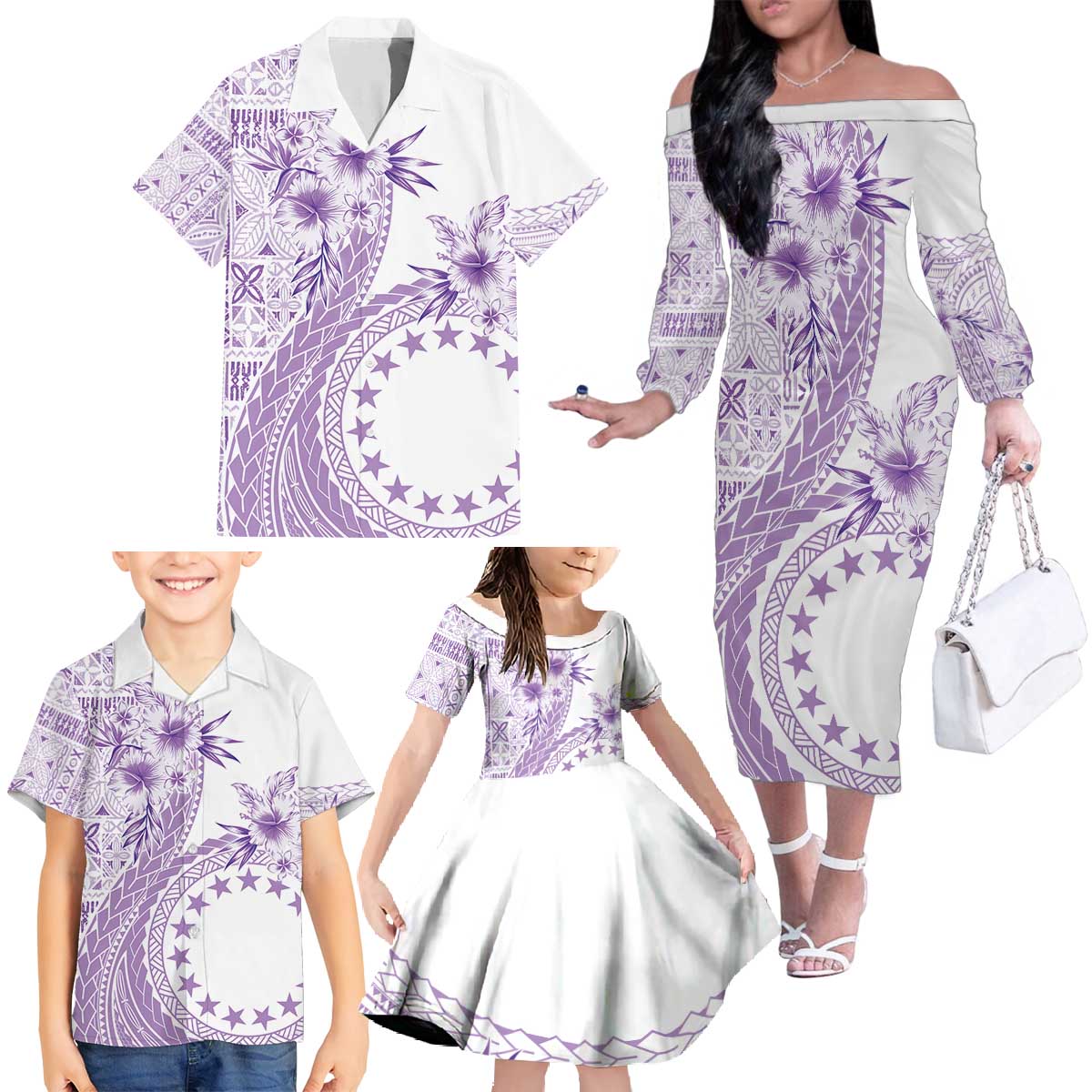Kia Orana Cook Islands Family Matching Off The Shoulder Long Sleeve Dress and Hawaiian Shirt Tiare and Stars - Lavender LT7 - Polynesian Pride
