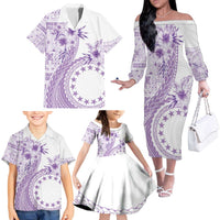 Kia Orana Cook Islands Family Matching Off The Shoulder Long Sleeve Dress and Hawaiian Shirt Tiare and Stars - Lavender LT7 - Polynesian Pride