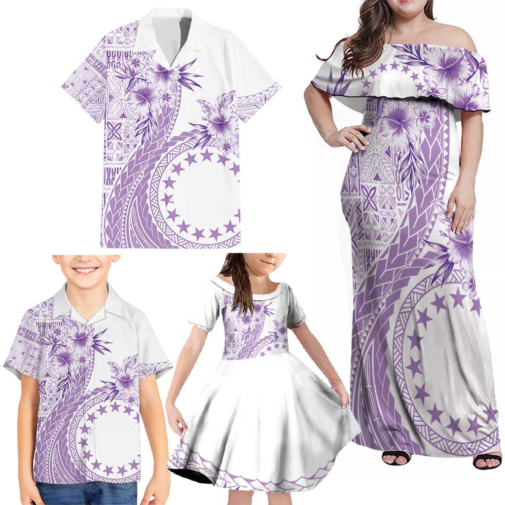 Kia Orana Cook Islands Family Matching Off Shoulder Maxi Dress and Hawaiian Shirt Tiare and Stars - Lavender LT7 - Polynesian Pride