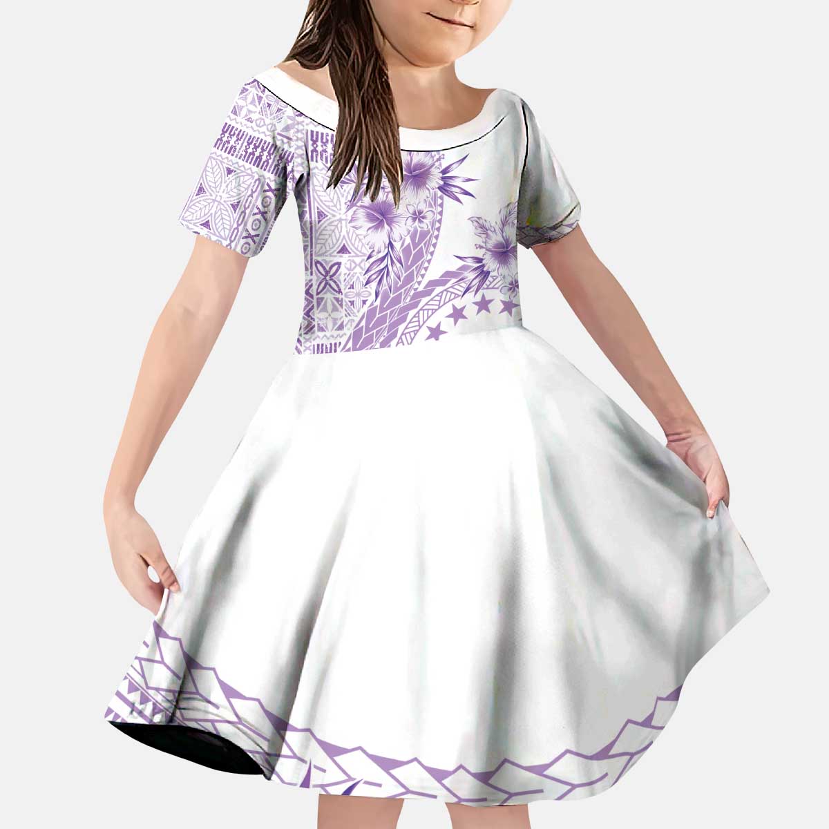 Kia Orana Cook Islands Family Matching Puletasi and Hawaiian Shirt Tiare and Stars - Lavender LT7 Daughter's Dress Lavender - Polynesian Pride