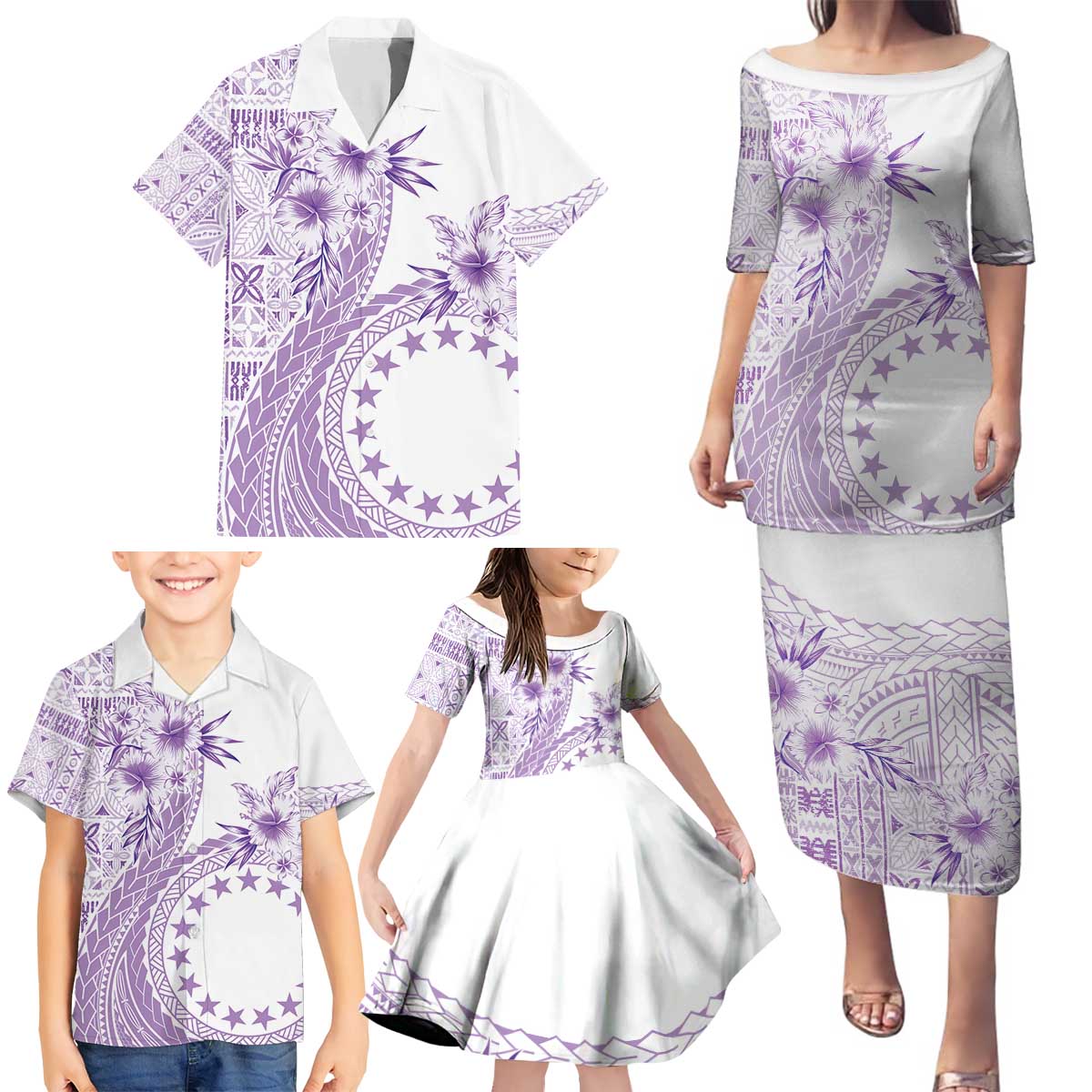 Kia Orana Cook Islands Family Matching Puletasi and Hawaiian Shirt Tiare and Stars - Lavender LT7 - Polynesian Pride