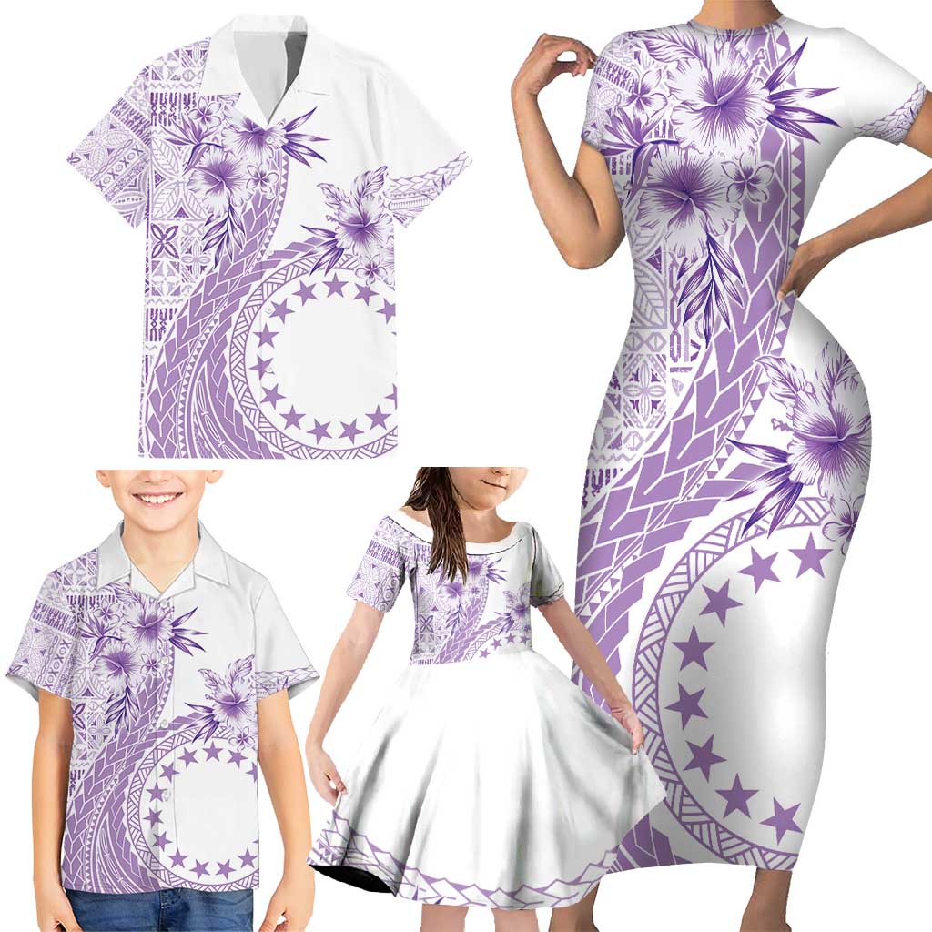 Kia Orana Cook Islands Family Matching Short Sleeve Bodycon Dress and Hawaiian Shirt Tiare and Stars - Lavender LT7 - Polynesian Pride