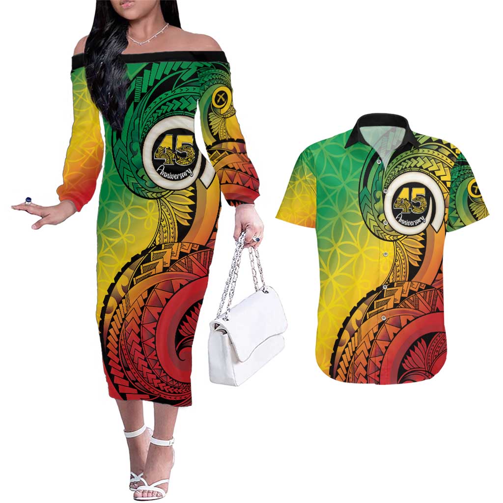 Vanuatu 45th Independence Anniversary Couples Matching Off The Shoulder Long Sleeve Dress and Hawaiian Shirt Ni-Van Sandroing LT7 Colorful - Polynesian Pride