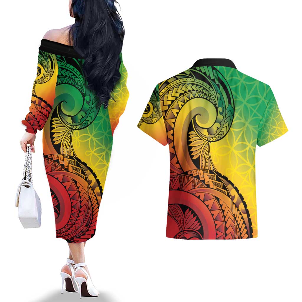Vanuatu 45th Independence Anniversary Couples Matching Off The Shoulder Long Sleeve Dress and Hawaiian Shirt Ni-Van Sandroing LT7 - Polynesian Pride
