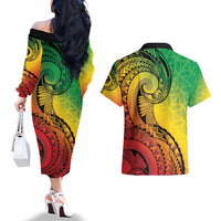 Vanuatu 45th Independence Anniversary Couples Matching Off The Shoulder Long Sleeve Dress and Hawaiian Shirt Ni-Van Sandroing LT7 - Polynesian Pride
