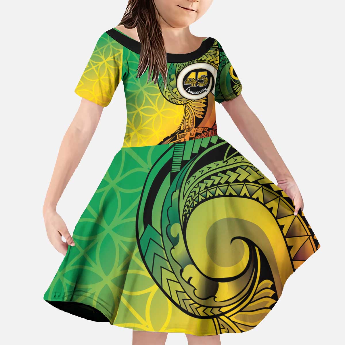 Vanuatu 45th Independence Anniversary Family Matching Off The Shoulder Long Sleeve Dress and Hawaiian Shirt Ni-Van Sandroing LT7 Daughter's Dress Colorful - Polynesian Pride