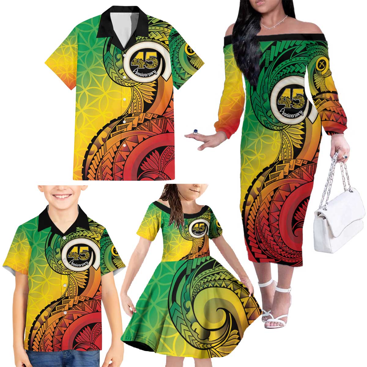 Vanuatu 45th Independence Anniversary Family Matching Off The Shoulder Long Sleeve Dress and Hawaiian Shirt Ni-Van Sandroing LT7 - Polynesian Pride