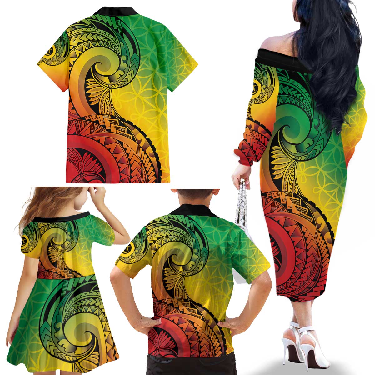 Vanuatu 45th Independence Anniversary Family Matching Off The Shoulder Long Sleeve Dress and Hawaiian Shirt Ni-Van Sandroing LT7 - Polynesian Pride
