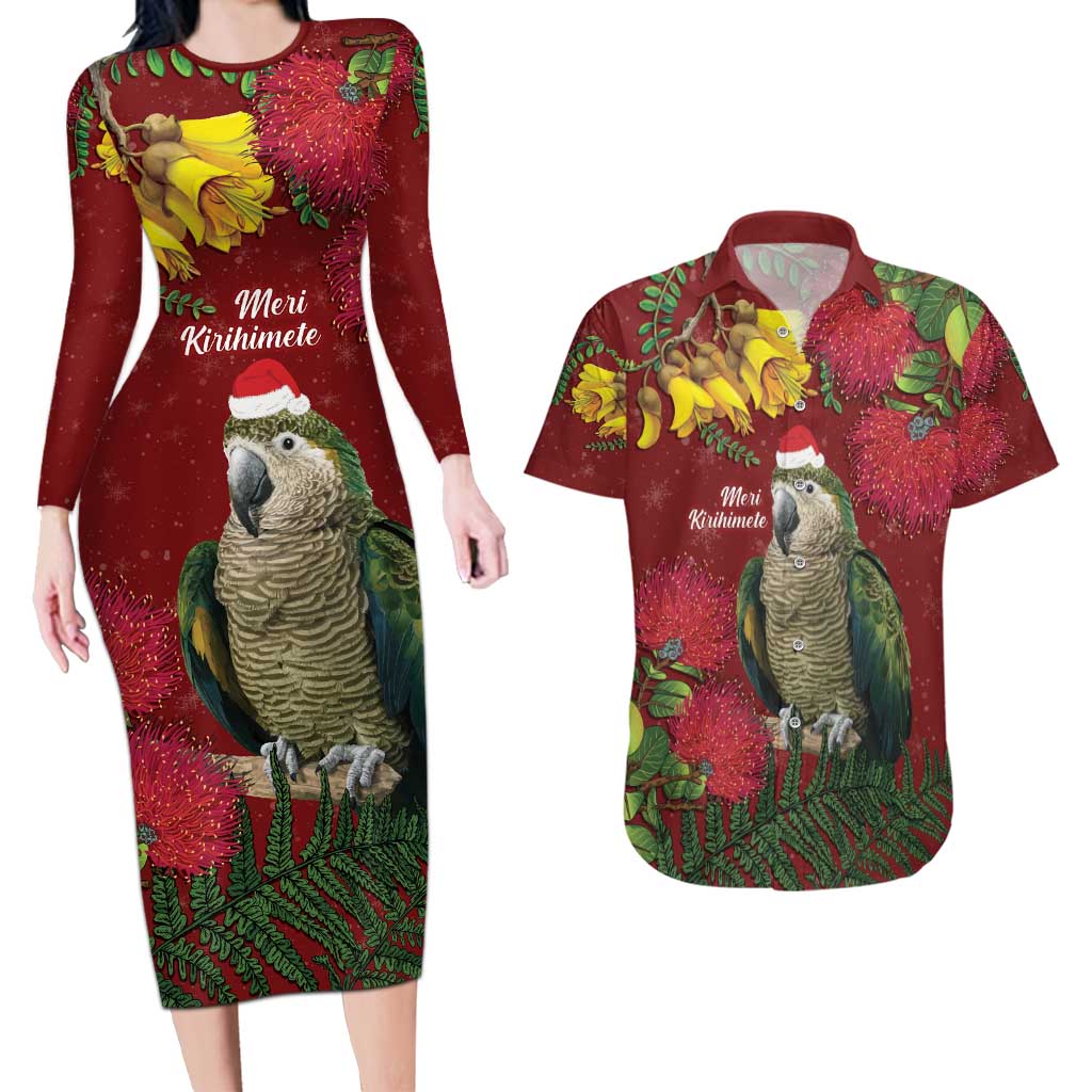Kakapo Bird New Zealand Couples Matching Long Sleeve Bodycon Dress and Hawaiian Shirt Floral Christmas LT7 Red - Polynesian Pride
