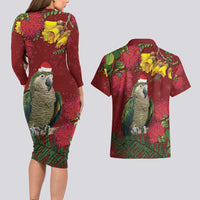 Kakapo Bird New Zealand Couples Matching Long Sleeve Bodycon Dress and Hawaiian Shirt Floral Christmas LT7 - Polynesian Pride