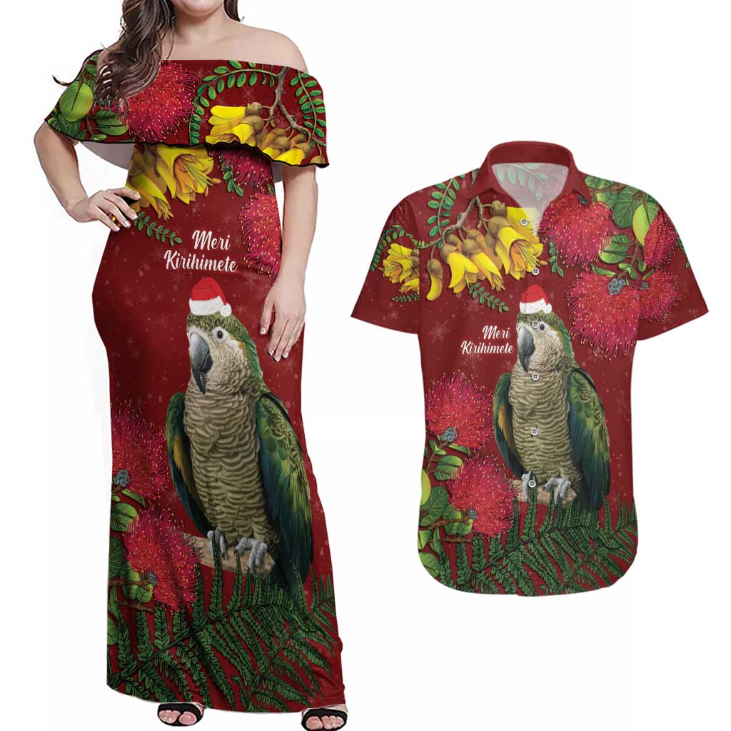 Kakapo Bird New Zealand Couples Matching Off Shoulder Maxi Dress and Hawaiian Shirt Floral Christmas LT7 Red - Polynesian Pride