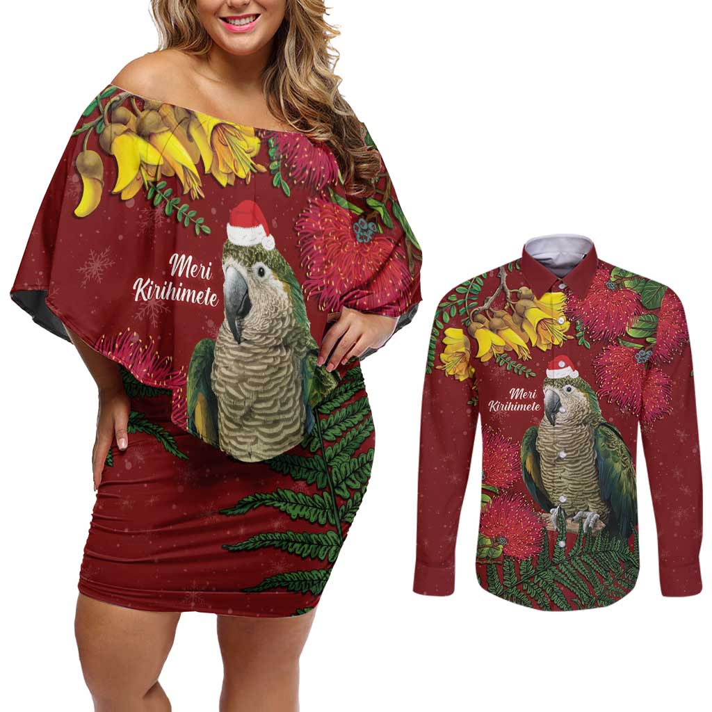 Kakapo Bird New Zealand Couples Matching Off Shoulder Short Dress and Long Sleeve Button Shirt Floral Christmas LT7 Red - Polynesian Pride