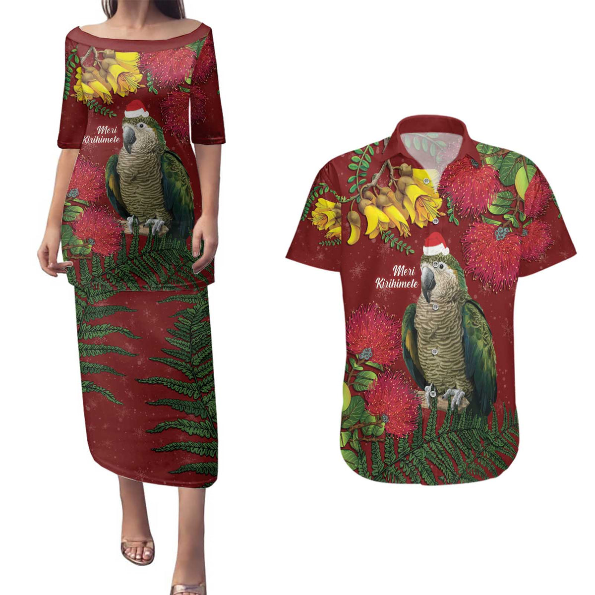 Kakapo Bird New Zealand Couples Matching Puletasi and Hawaiian Shirt Floral Christmas LT7 Red - Polynesian Pride
