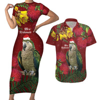 Kakapo Bird New Zealand Couples Matching Short Sleeve Bodycon Dress and Hawaiian Shirt Floral Christmas LT7 Red - Polynesian Pride