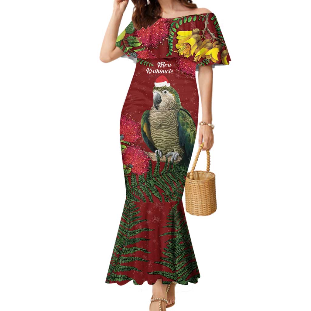 Kakapo Bird New Zealand Family Matching Mermaid Dress and Hawaiian Shirt Floral Christmas LT7 Mom's Dress Red - Polynesian Pride