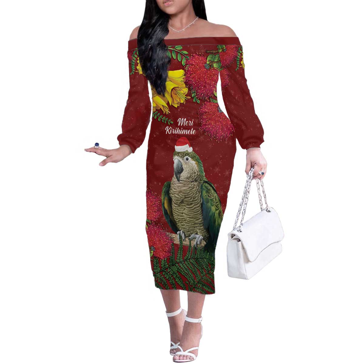 Kakapo Bird New Zealand Family Matching Off The Shoulder Long Sleeve Dress and Hawaiian Shirt Floral Christmas LT7 Mom's Dress Red - Polynesian Pride