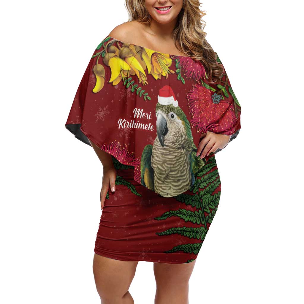 Kakapo Bird New Zealand Family Matching Off Shoulder Short Dress and Hawaiian Shirt Floral Christmas LT7 Mom's Dress Red - Polynesian Pride