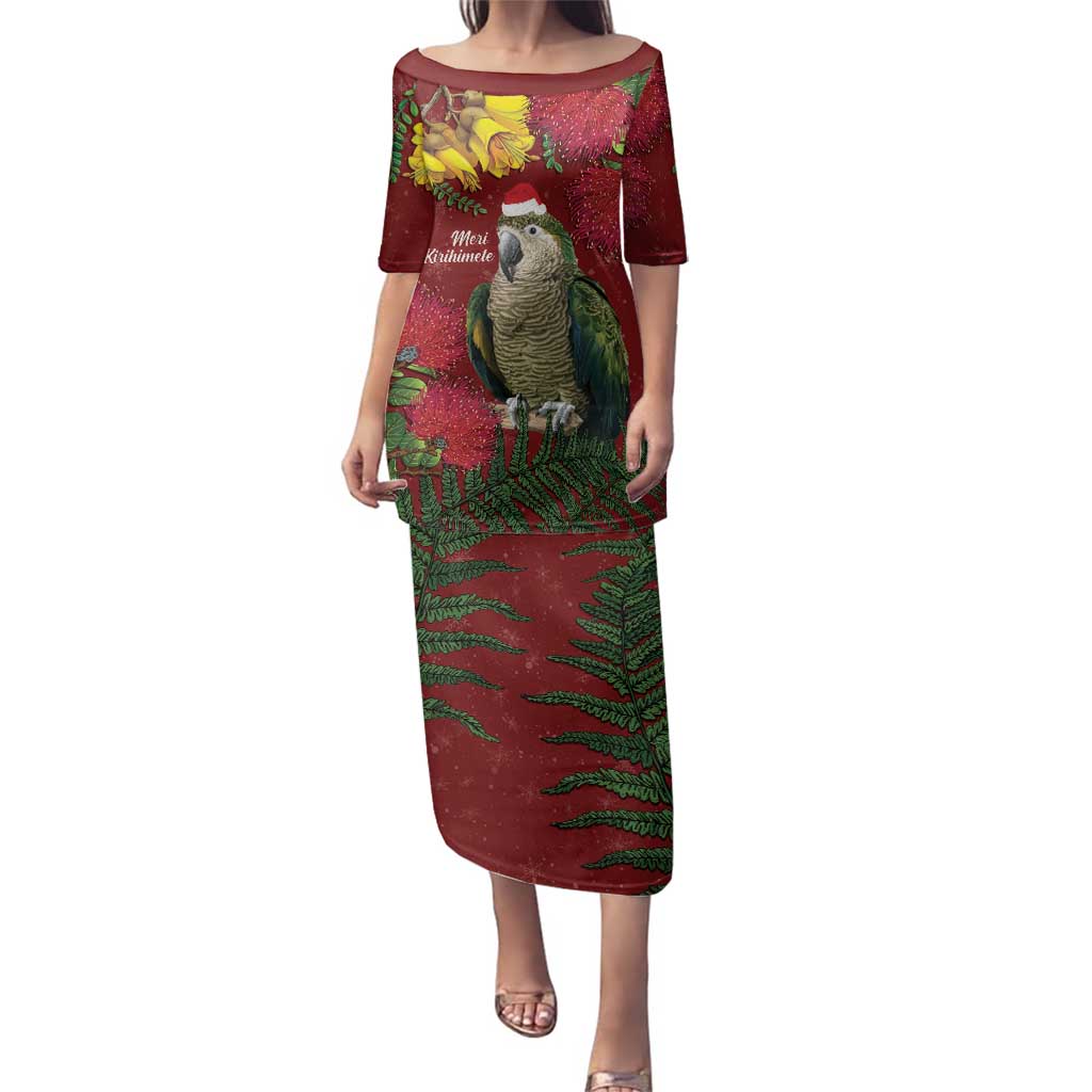 Kakapo Bird New Zealand Family Matching Puletasi and Hawaiian Shirt Floral Christmas LT7 Mom's Dress Red - Polynesian Pride
