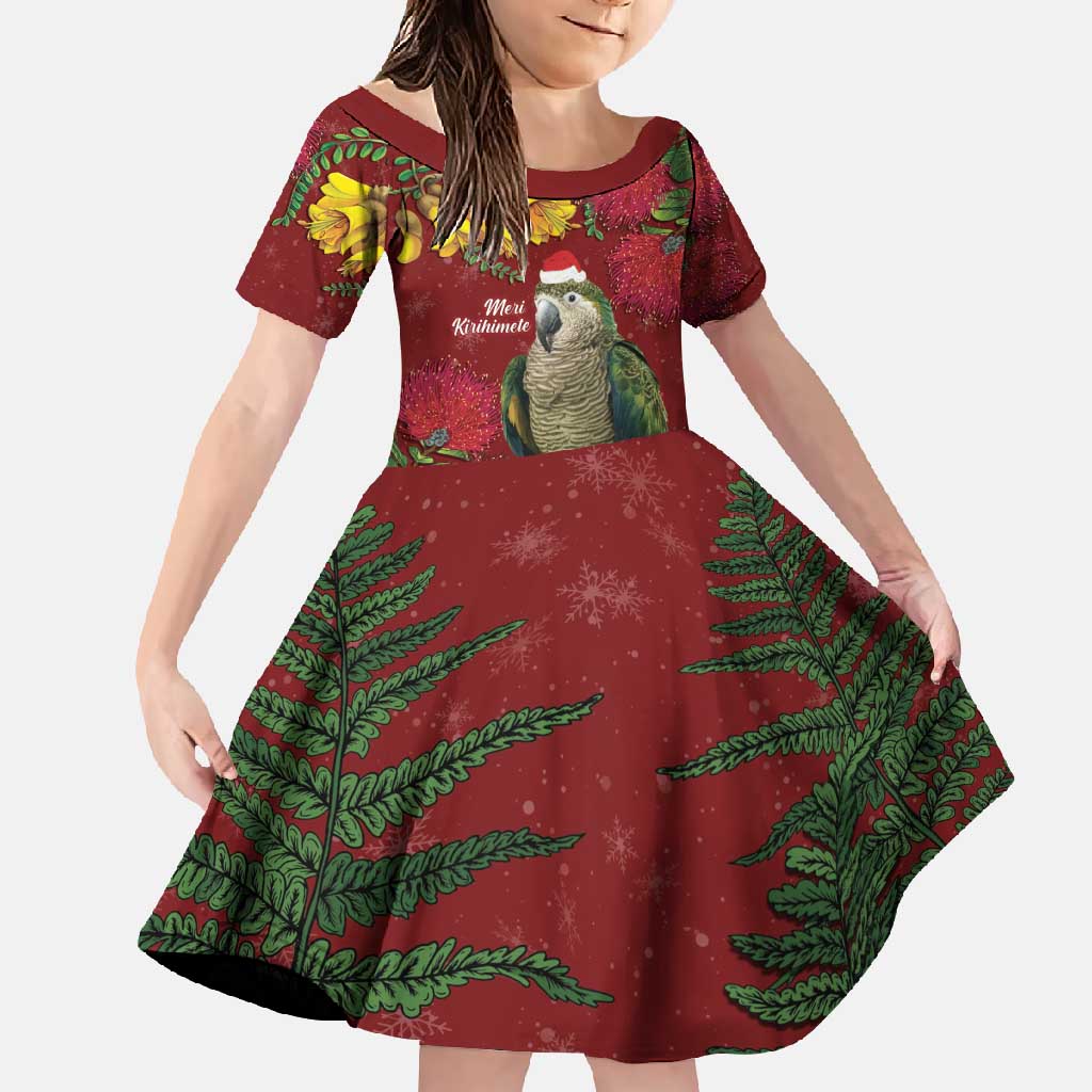 Kakapo Bird New Zealand Family Matching Short Sleeve Bodycon Dress and Hawaiian Shirt Floral Christmas LT7 Daughter's Dress Red - Polynesian Pride