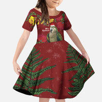 Kakapo Bird New Zealand Family Matching Short Sleeve Bodycon Dress and Hawaiian Shirt Floral Christmas LT7 Daughter's Dress Red - Polynesian Pride