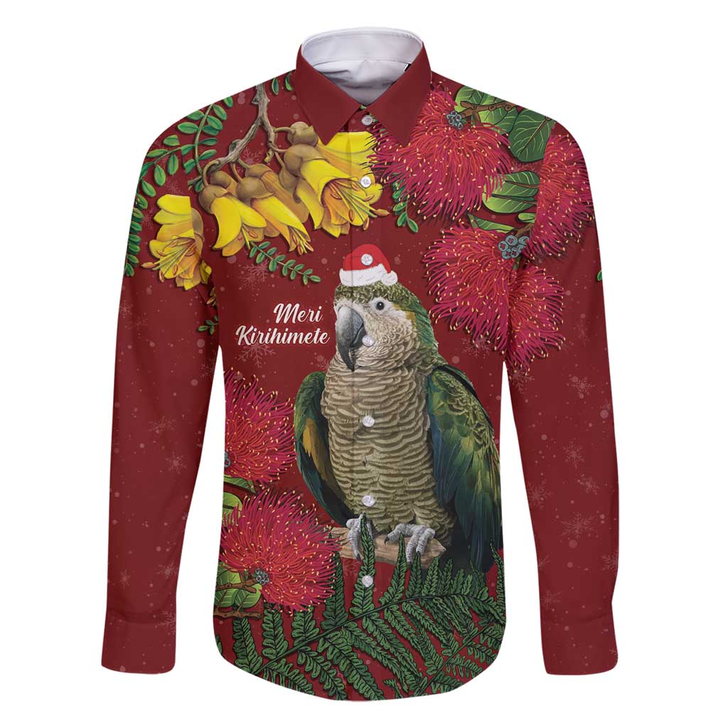 Kakapo Bird New Zealand Family Matching Summer Maxi Dress and Hawaiian Shirt Floral Christmas LT7 Dad's Shirt - Long Sleeve Red - Polynesian Pride