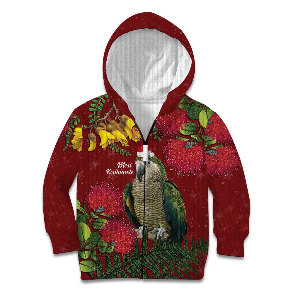 Kakapo Bird New Zealand Kid Hoodie Floral Christmas LT7 Zip Hoodie Red - Polynesian Pride