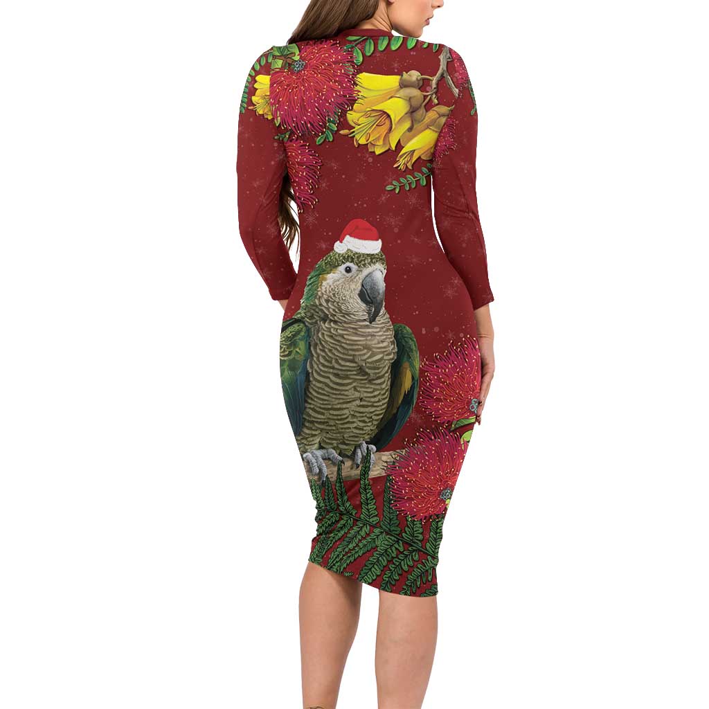 Kakapo Bird New Zealand Long Sleeve Bodycon Dress Floral Christmas LT7 - Polynesian Pride