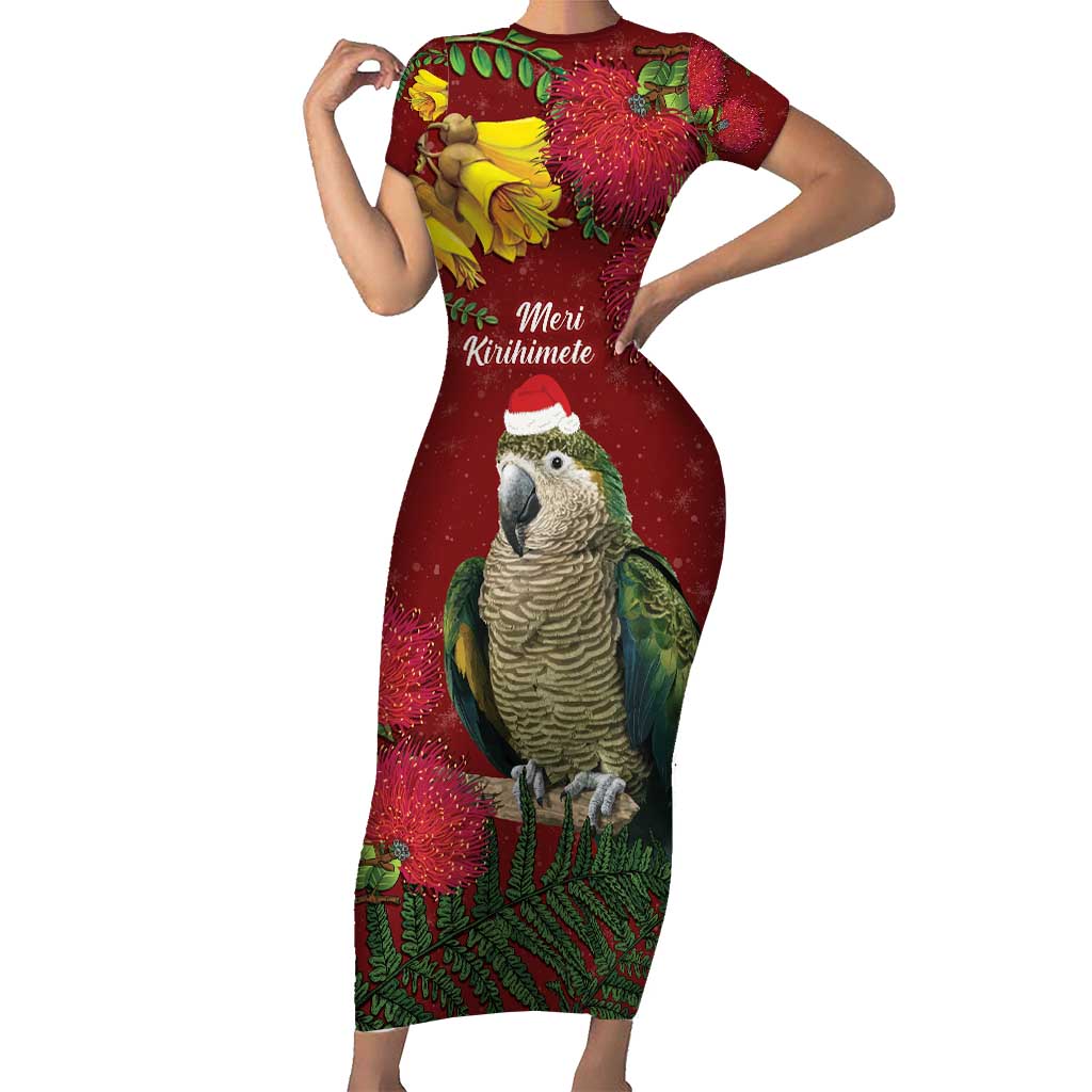Kakapo Bird New Zealand Short Sleeve Bodycon Dress Floral Christmas LT7 Long Dress Red - Polynesian Pride