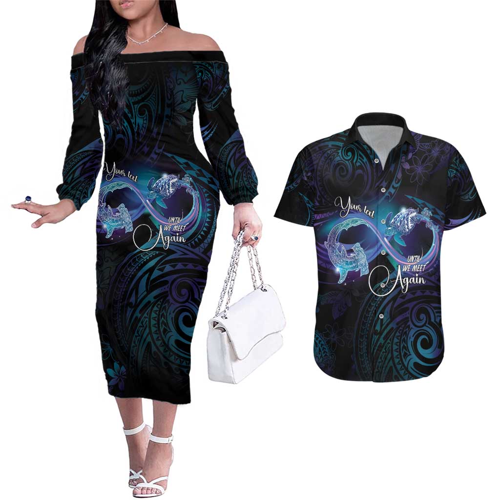 Polynesian Personalized Memorial Couples Matching Off The Shoulder Long Sleeve Dress and Hawaiian Shirt Oceanic Infinity Symbol - Until We Meet Again LT7 Black - Polynesian Pride