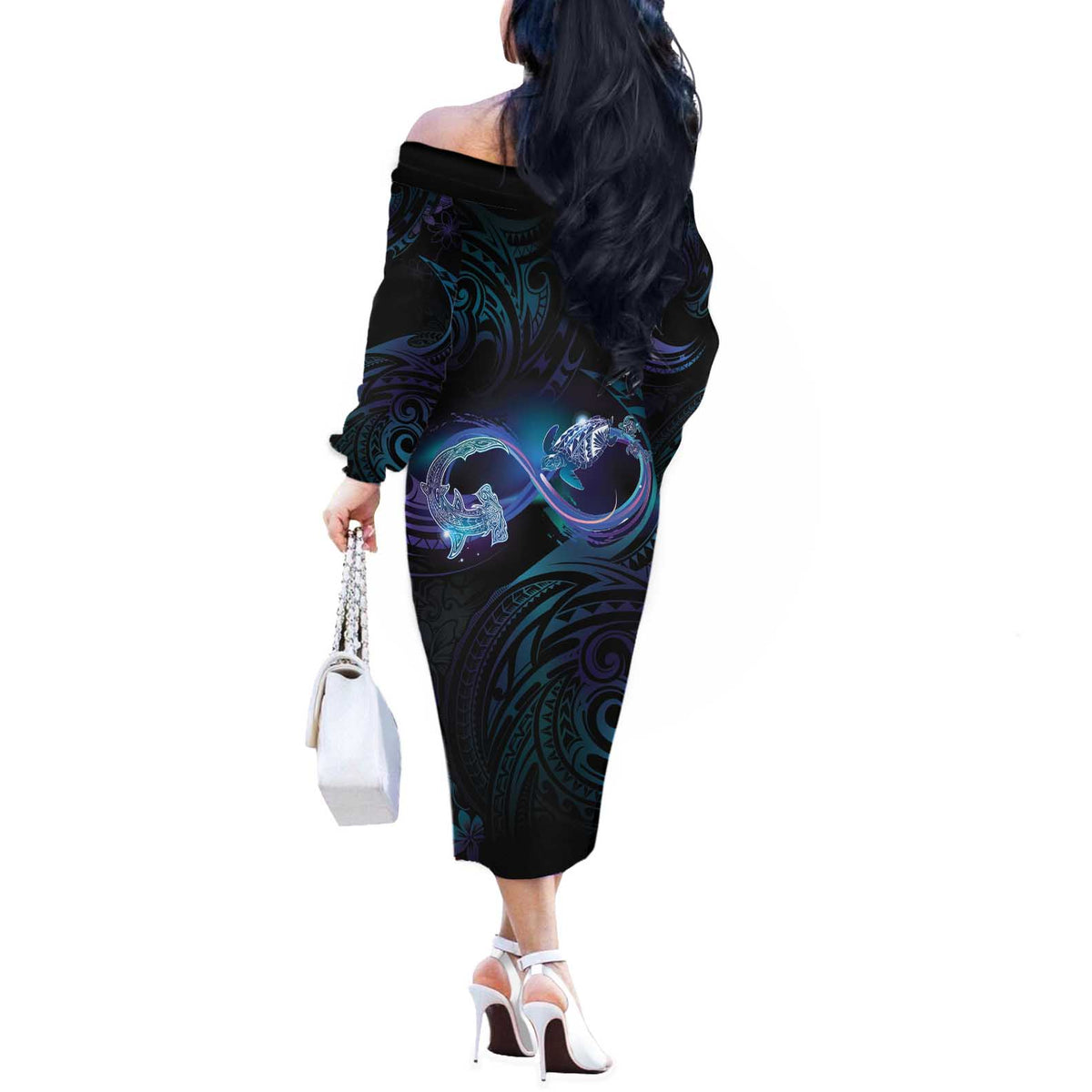Polynesian Personalized Memorial Off The Shoulder Long Sleeve Dress Oceanic Infinity Symbol - Until We Meet Again - Polynesian Pride