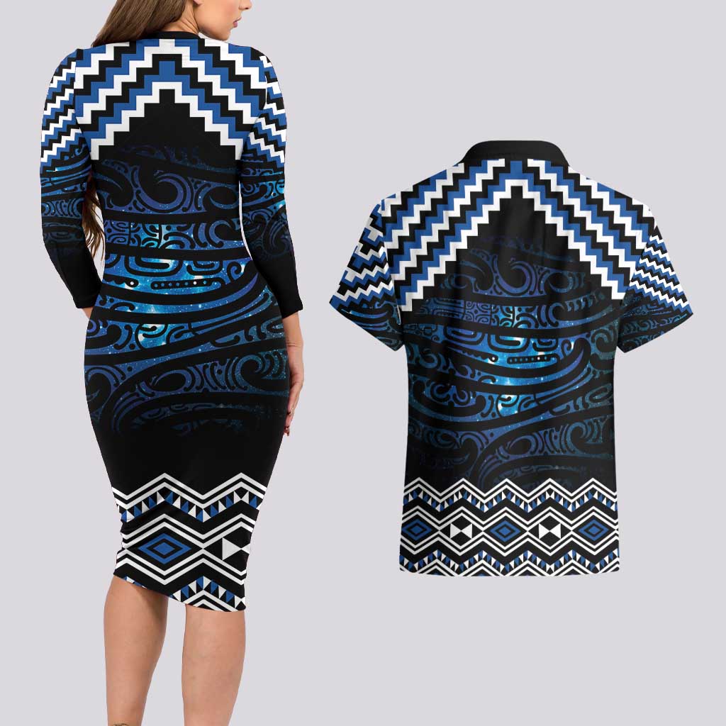 New Zealand Matariki Couples Matching Long Sleeve Bodycon Dress and Hawaiian Shirt Galaxy Styled Taniko LT7 - Polynesian Pride