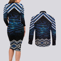 New Zealand Matariki Couples Matching Long Sleeve Bodycon Dress and Long Sleeve Button Shirt Galaxy Styled Taniko LT7 - Polynesian Pride