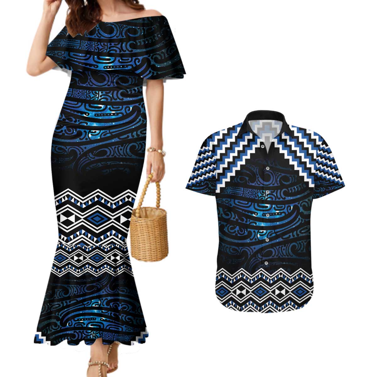 New Zealand Matariki Couples Matching Mermaid Dress and Hawaiian Shirt Galaxy Styled Taniko LT7 Blue - Polynesian Pride
