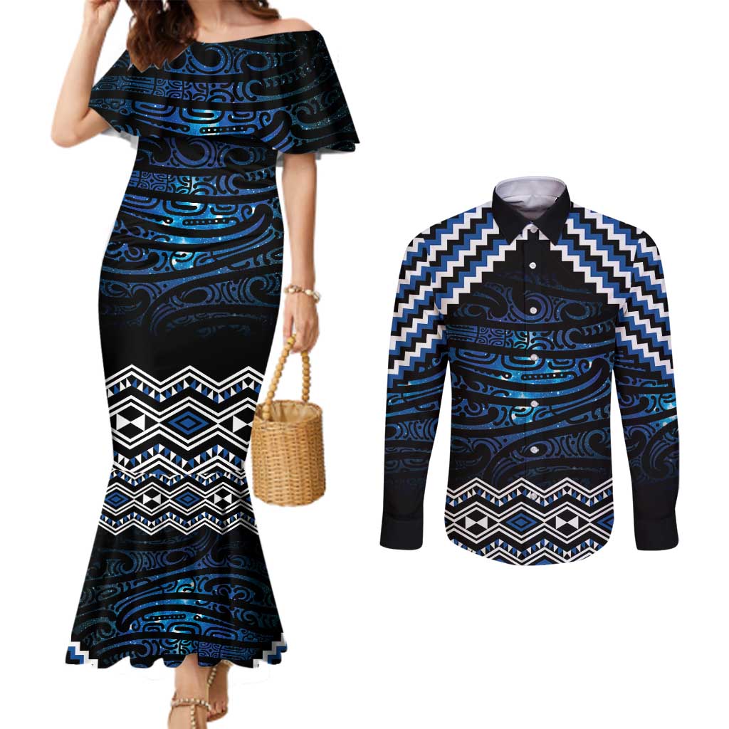 New Zealand Matariki Couples Matching Mermaid Dress and Long Sleeve Button Shirt Galaxy Styled Taniko LT7 Blue - Polynesian Pride