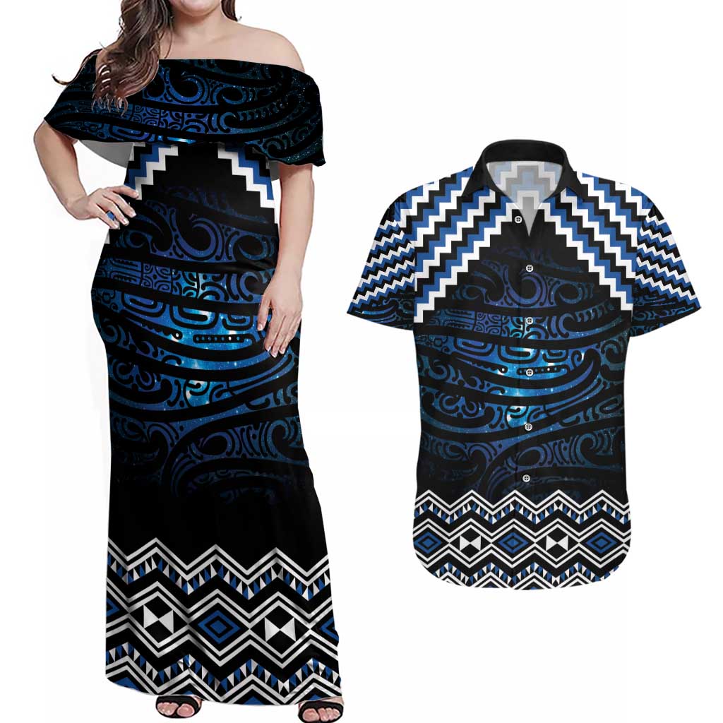 New Zealand Matariki Couples Matching Off Shoulder Maxi Dress and Hawaiian Shirt Galaxy Styled Taniko LT7 Blue - Polynesian Pride