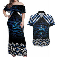 New Zealand Matariki Couples Matching Off Shoulder Maxi Dress and Hawaiian Shirt Galaxy Styled Taniko LT7 Blue - Polynesian Pride