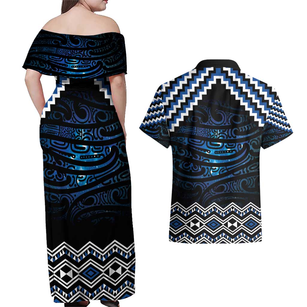 New Zealand Matariki Couples Matching Off Shoulder Maxi Dress and Hawaiian Shirt Galaxy Styled Taniko LT7 - Polynesian Pride