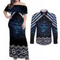 New Zealand Matariki Couples Matching Off Shoulder Maxi Dress and Long Sleeve Button Shirt Galaxy Styled Taniko LT7 Blue - Polynesian Pride
