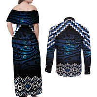 New Zealand Matariki Couples Matching Off Shoulder Maxi Dress and Long Sleeve Button Shirt Galaxy Styled Taniko LT7 - Polynesian Pride
