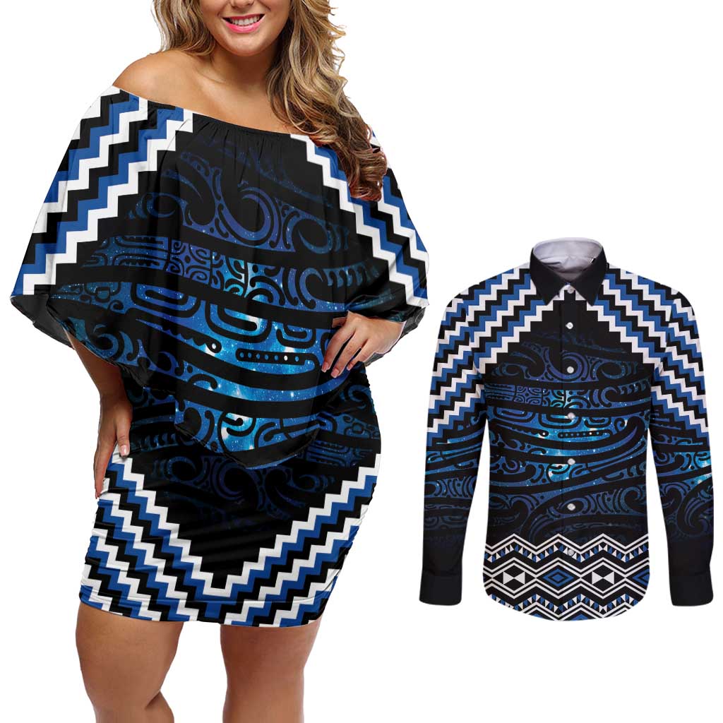 New Zealand Matariki Couples Matching Off Shoulder Short Dress and Long Sleeve Button Shirt Galaxy Styled Taniko LT7 Blue - Polynesian Pride