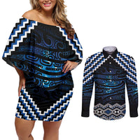 New Zealand Matariki Couples Matching Off Shoulder Short Dress and Long Sleeve Button Shirt Galaxy Styled Taniko LT7 Blue - Polynesian Pride