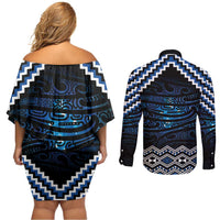 New Zealand Matariki Couples Matching Off Shoulder Short Dress and Long Sleeve Button Shirt Galaxy Styled Taniko LT7 - Polynesian Pride