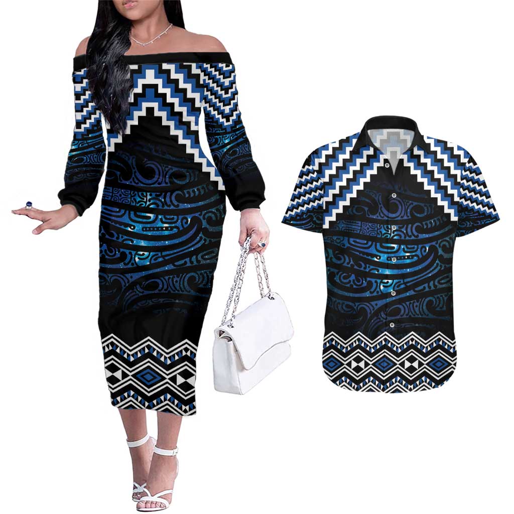 New Zealand Matariki Couples Matching Off The Shoulder Long Sleeve Dress and Hawaiian Shirt Galaxy Styled Taniko LT7 Blue - Polynesian Pride